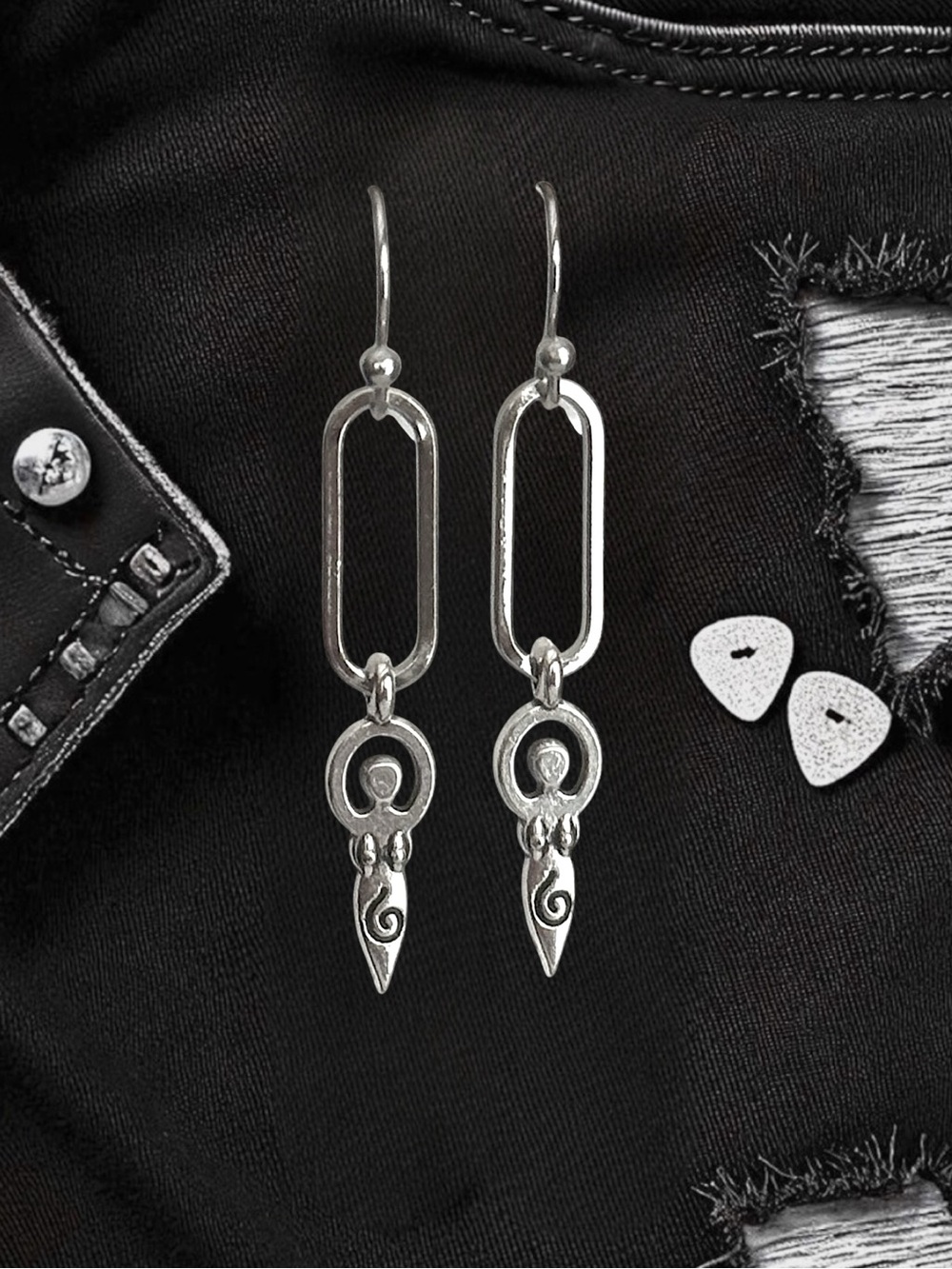 5 For $25💫Silver Paper Clip Fertility Goddess Dangle Drop Earrings - Picture 3 of 4